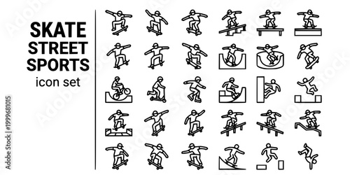 Skateboarding Street Sports Bold Line Icons-Kickflip Heelflip Nosegrind Bluntslide Manual Ollie BMX Scooter Parkour Freerunning-25 Skate Street Icon Set Vector