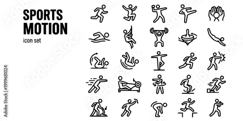 Sports Action Motion Bold Line Icons-Running Jumping Throwing Kicking Catching Swimming Climbing Lifting Diving Spinning Striking-25 Sports Motion Icon Set Vector