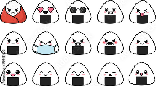 Vector illustration of cute rice ball characters with seaweed and expressive faces