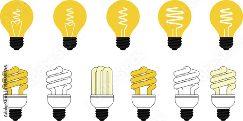 Vector illustration of incandescent and compact fluorescent light bulbs with different filament and tube designs