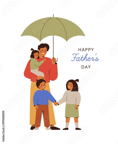 Fathers day card with greeting text. happy young man protect his children by green umbrella. Family support and childcare concept. vector illustration