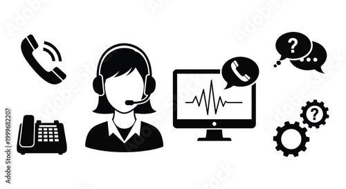 customer service icons set including phone headset computer monitor gears and speech bubbles silhouette high quality professional detailed modern elegant stylish