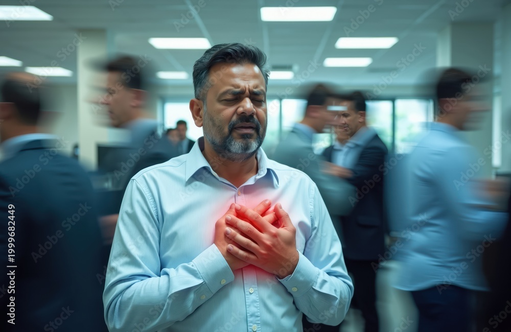 Obraz premium Indian man in busy office clutches chest in pain. Colleagues blurred around him. Visual depicts extreme stress or heart condition. Long exposure effect adds urgency.
