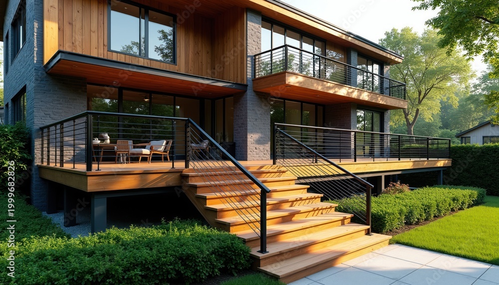 Obraz premium Modern house exterior with wooden deck, stairs. Contemporary architecture features stone, wood facade. Outdoor seating area on elevated terrace with black metal railings. Green lawn, manicured shrubs