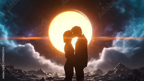 Silhouette Couple Kissing Under Giant Moonlight