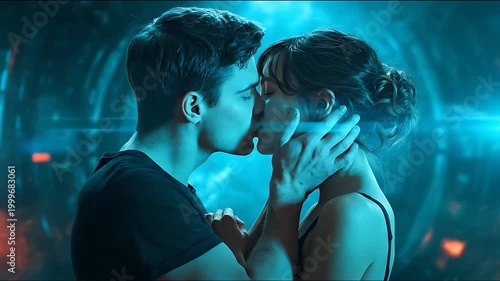 Young Couple Sharing Intimate Moment in Sci-Fi Environment.
