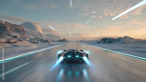 Sci-Fi Vehicle Speeding Through Desert Landscape with Twin Suns