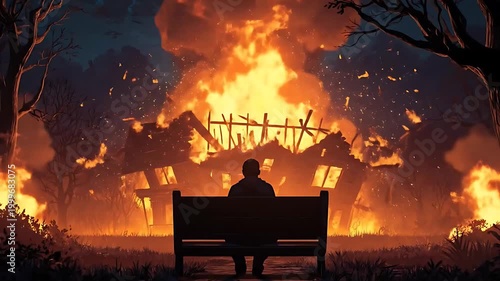 Person Sitting on Bench Facing Burning Home.