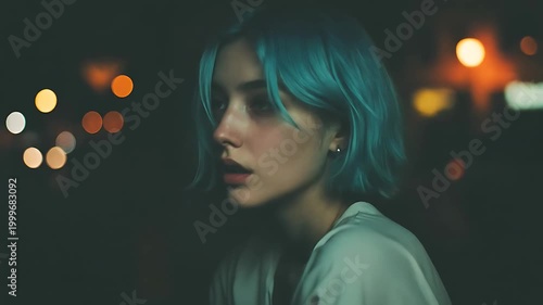 Moody Portrait of Young Woman with Blue Hair in Low Light