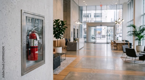 Red fire extinguisher in glass cabinet mounted on concrete wall inside modern office building lobby. Safety equipment for building fire protection, emergency preparation and compliance.