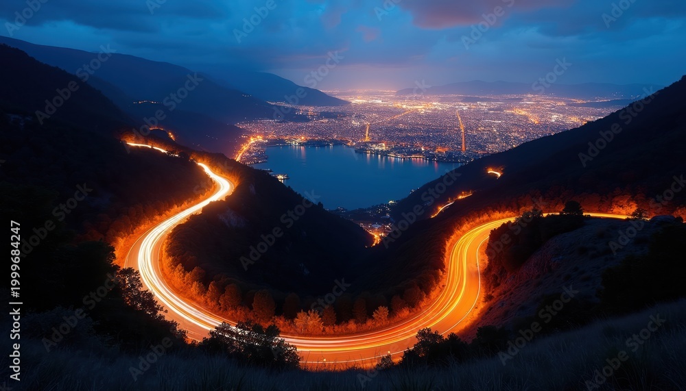 Naklejka premium Twisted mountain road glows with car light streaks. Valley cityscape and lake shimmer with many lights below. Evening journey over hills to urban destination.