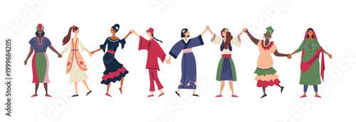 Flat vector illustration of diverse women from different cultures holding hands together. Concept of diversity, inclusion, women solidarity and global community. 