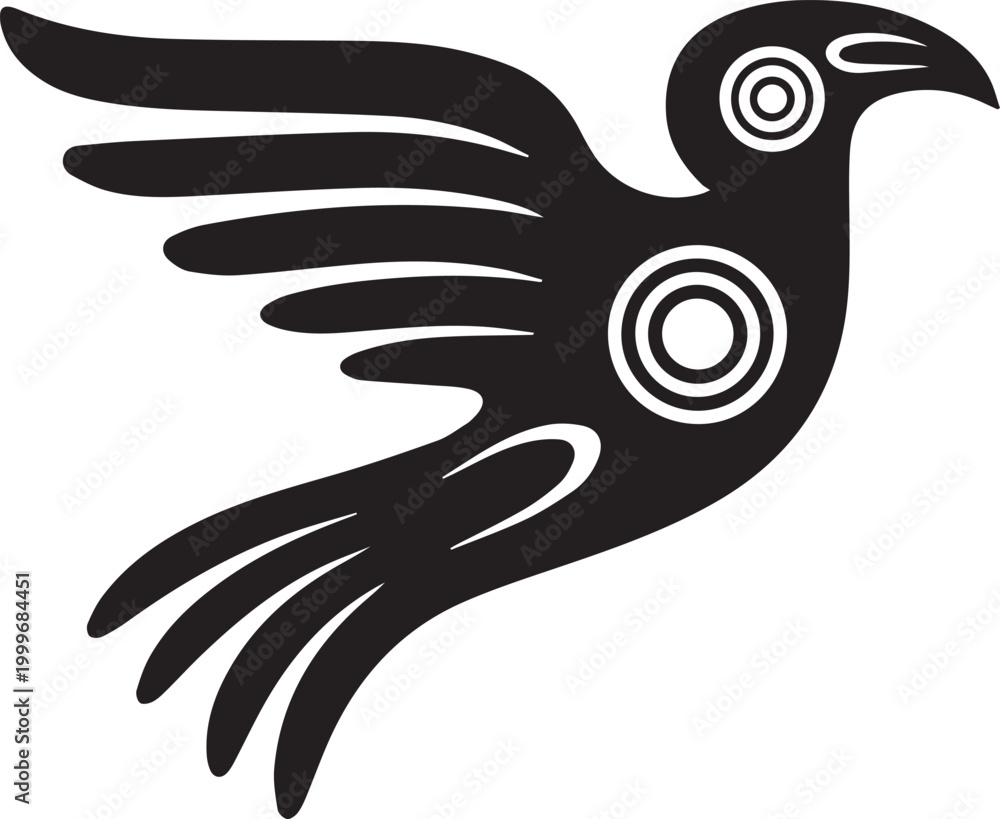 Obraz premium Black bird with white details in flight isolated on white background with circular patterns on body and head