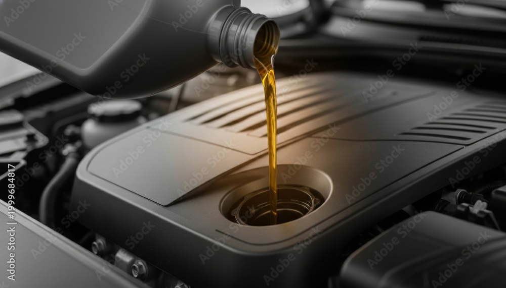 Fototapeta premium Pouring Fresh Golden Engine Oil into a Modern Car Motor