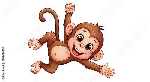 Cute cartoon baby monkey hanging, smiling, isolated on white background