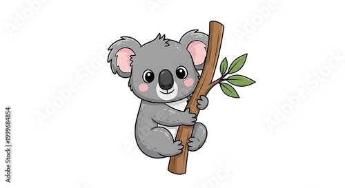 Cute cartoon baby koala hugging branch, isolated on white background