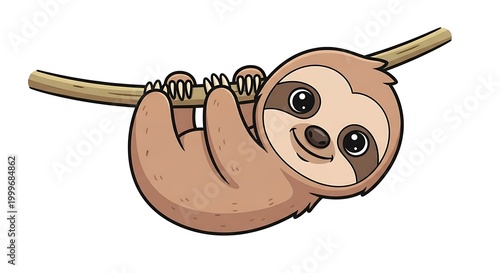 Cute cartoon baby sloth hanging slowly, smiling, isolated on white background