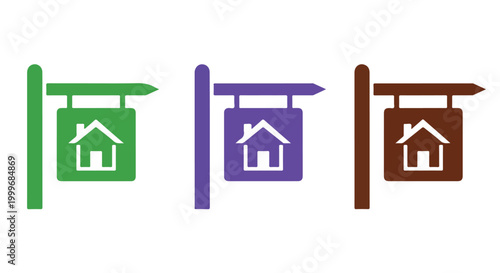 Set of three colorful house icons in green purple and brown representing real estate or home ownership symbols