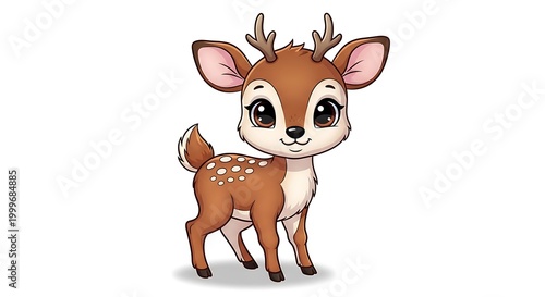 Cute cartoon baby deer with big eyes, standing, isolated on white background