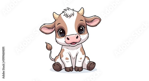 Cute cartoon baby cow sitting, pink nose, isolated on white background