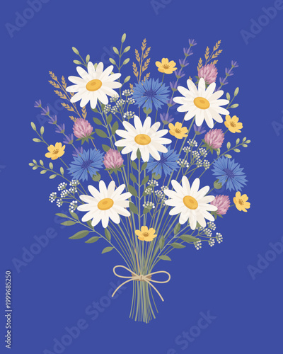 Wildflower bouquet with chamomile and cornflower on blue background, floral illustration.Decorative wildflower bouquet with chamomile, cornflower and meadow flowers arranged in a tied composition.