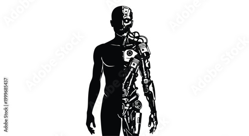 Silhouette of a cyborg showing human and robotic sides representing transhumanism and human-machine integration.