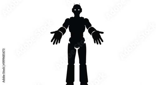 Black silhouette of a humanoid robot standing with open arms symbolizing artificial intelligence and futuristic technology.