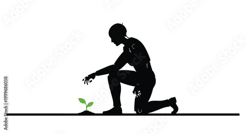 Silhouette of person kneeling and planting a small green sprout in the ground, symbolizing growth and nurturing in a simple, minimalist style
