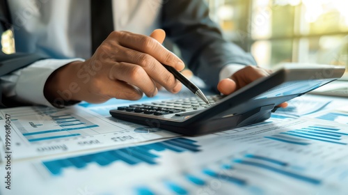 Close-up of a professional businessman diligently calculating financial data with a calculator while reviewing charts and graphs on papers, symbolizing accounting and analysis.