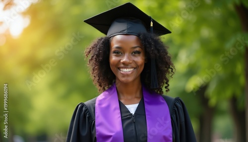 Young Black woman smiles in graduation cap gown outdoors. She achieved success in college education. Happy student celebrates degree with diploma. Future begins now for this graduate.