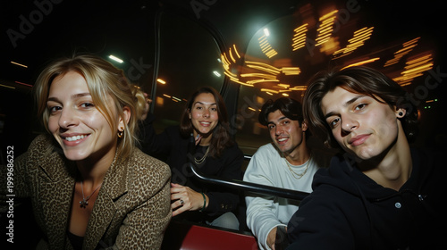 A group of people sitting on top of a bus at night