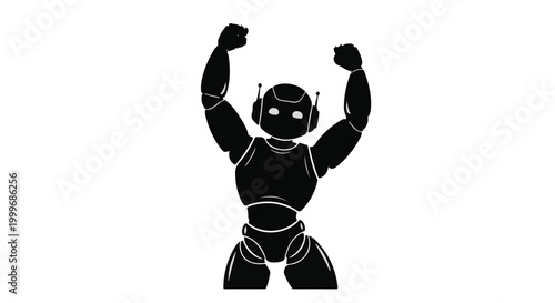 Powerful robot silhouette flexing arms in a victory pose symbolizing strength and AI dominance.