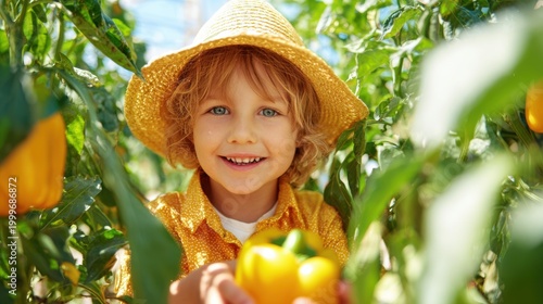 Young child holds yellow pepper in farm field during sunny day