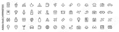 Foto travel and vacation line icons set including airplane, suitcase, camera, car, pa