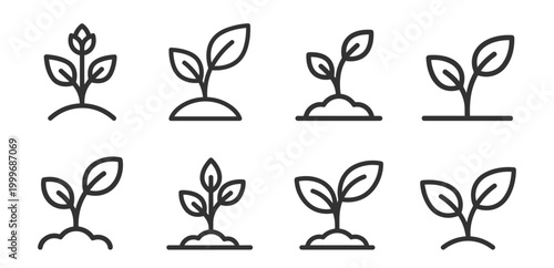 set of growing plant icons with leaves and soil in linear style on transparent background