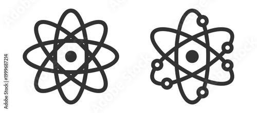 scientific atom icons with electron orbitals line art set for chemistry education and physics concepts on transparent background