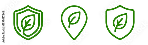 green leaf icons with shield protection and location pin outline set on transparent background