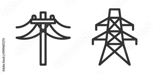 electric power pole and transmission tower icons line art vector illustration on transparent background