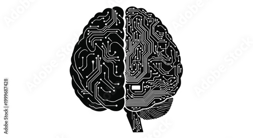 Half biological and half electronic circuit brain silhouette symbolizing artificial intelligence and digital consciousness.