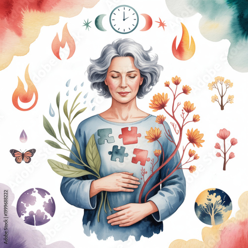 Woman Holding Puzzle Pieces on Chest.