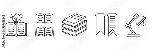 Education icon set with books, bookmarks, lightbulb and desk lamp, thin line symbols representing study and knowledge.