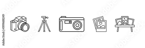 Photography icon set with camera, tripod, instant photo and framed image, clean outline symbols for visual content creation.