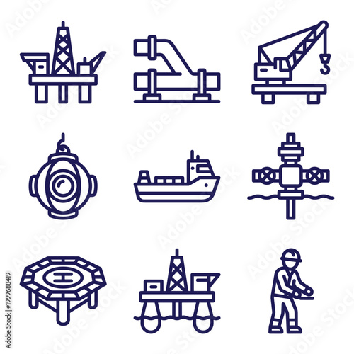 Offshore Oil Platform and Marine Equipment Icons Set — Rig, Crane, Tanker, Diver, Worker Outline Vector