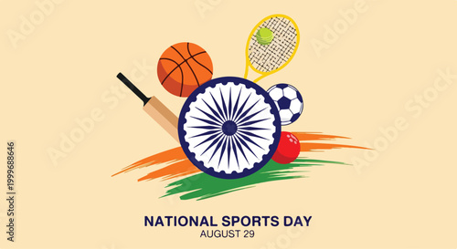 Celebration of National Sports Day featuring various sports equipment including a basketball tennis ball
