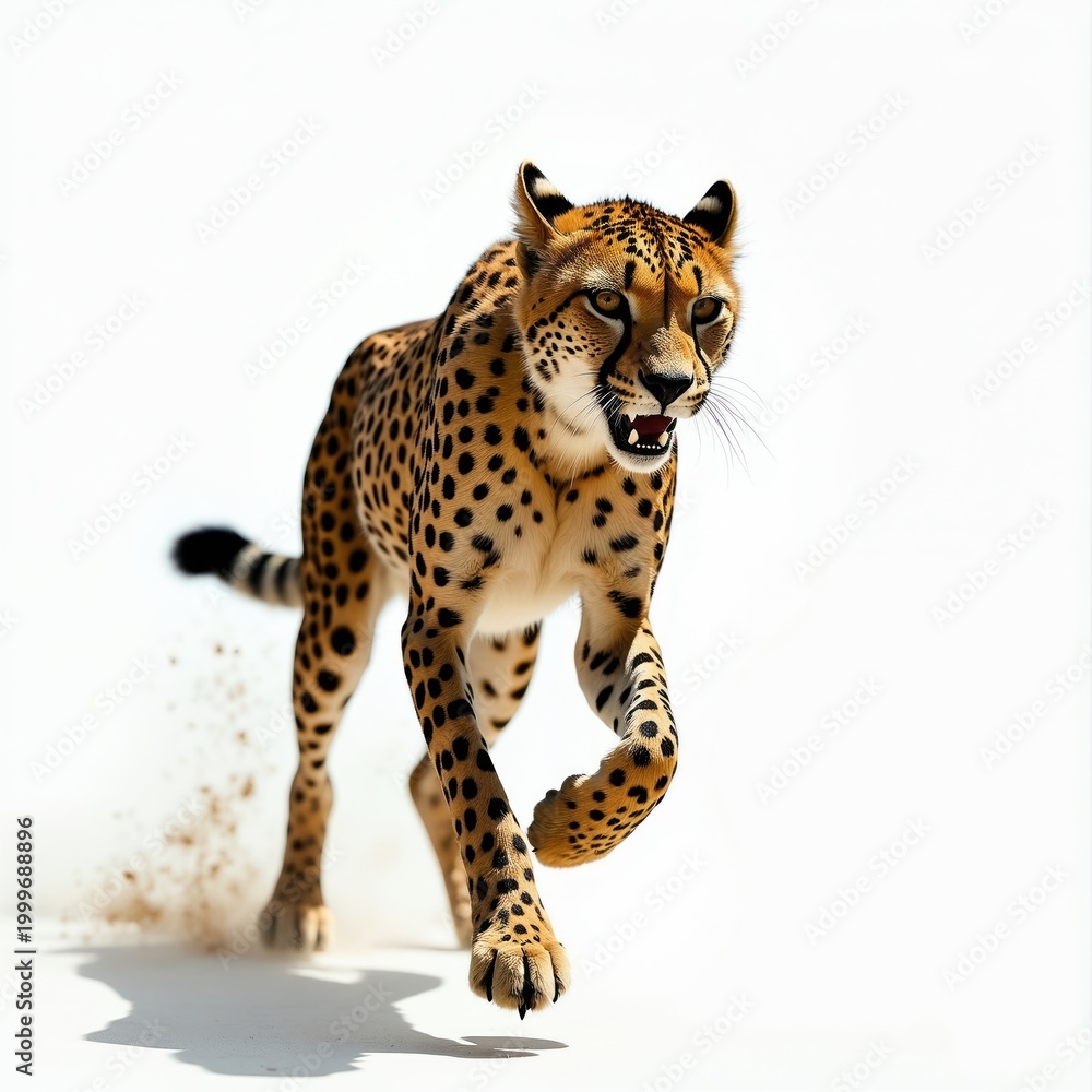 Fototapeta premium Cheetah runs fast on white background. Spotted feline mammal with black tear marks speeds forward. Wild cat shows teeth in motion dust flies.