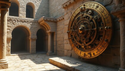 Ornate bronze Antikythera mechanism device with intricate gears, engraved markings mounted on ancient stone wall in sunlit courtyard. Complex ancient Greek astronomical calculator offers glimpse into
