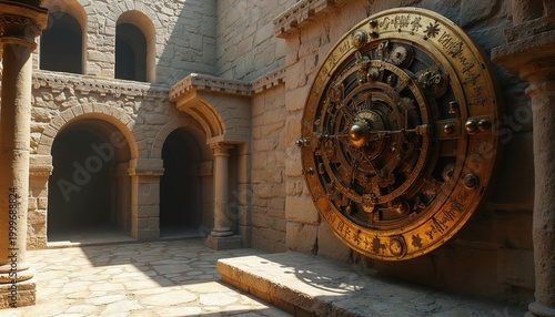 Ornate bronze Antikythera mechanism device with intricate gears, engraved markings mounted on ancient stone wall in sunlit courtyard. Complex ancient Greek astronomical calculator offers glimpse into