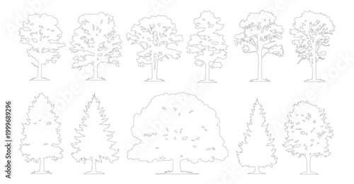 Minimalist tree line art collection, set of 11 botanical vector outlines, simple black and white nature icons for architectural site plans and landscape design