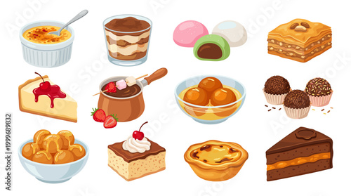 Delicious variety of international desserts on display illustration set