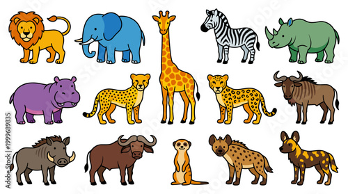 Vibrant collection of cute cartoon African safari animals on a